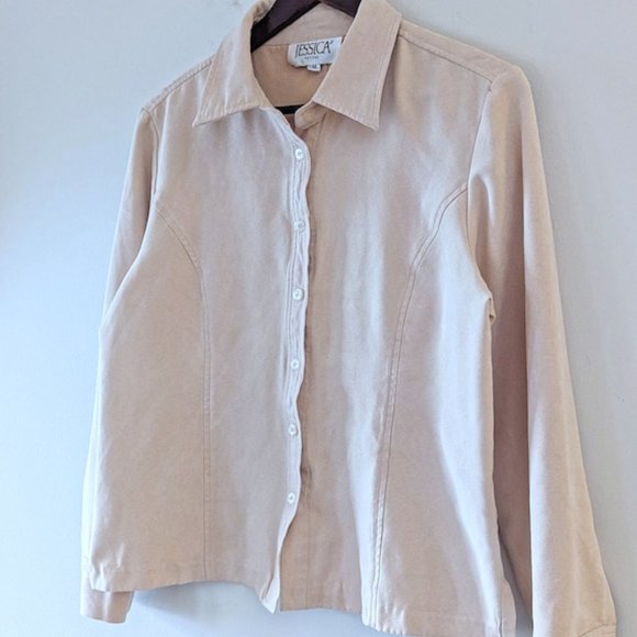 VINTAGE 90s Boxy Faux Suede Blouse Western Retro Neutral Button Up Shirt - Picture 4 of 11